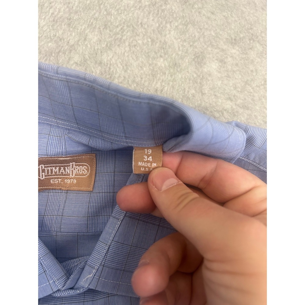 Gitman Bros Dress Shirt Mens 19 34 Blue Windowpane Plaid Check Business Made USA - Picture 5 of 10